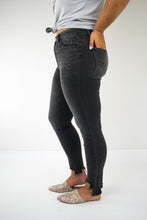 Load image into Gallery viewer, Black Nail High Rise Distressed Step Hem Skinny Jeans
