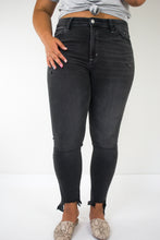 Load image into Gallery viewer, Black Nail High Rise Distressed Step Hem Skinny Jeans
